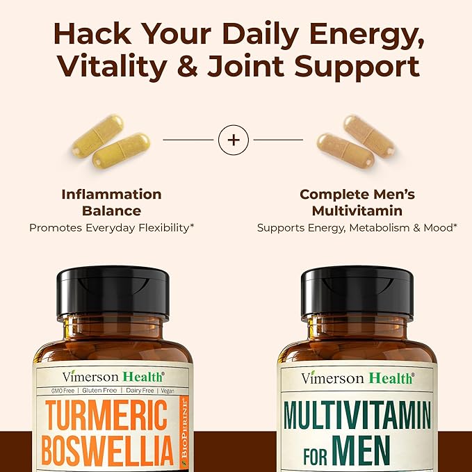 Boswellia Turmeric Curcumin Supplement + Multivitamin for Men Bundle – Supports Joint Health &amp Complete Daily Wellness – with Ginger Root Organic Turmeric Powder Methylated Vitamin B12 Zinc &am