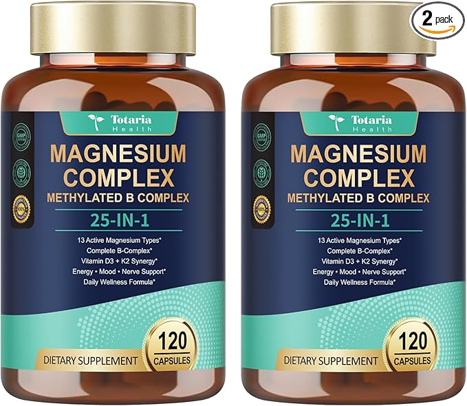25-in-1 Magnesium Complex with Methylated B Complex 120 Vegan Capsules per Bottle 2 Bottles