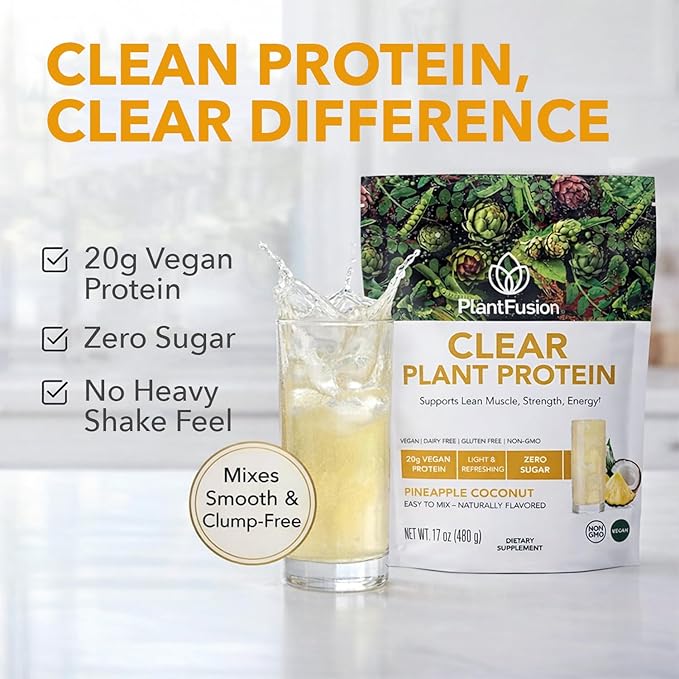 PlantFusion Clear Protein Powder with Pea Protein Peptides - 20g Fast-Absorbing in Water 90 Calories Zero Sugar Premium Alternative to Clear Whey - Pineapple Coconut - 16 oz