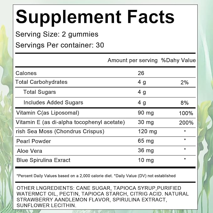 Sea Moss Gummies for Hair LossHair Loss Gummies with Organic Sea MossPearl Powder &amp Aloe VeraVitamin C Vitamin E Supports Hair &amp Skin Wellness Dietary Supplement — 60 Gummies
