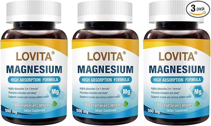 Lovita Triple Magnesium Complex 500mg High Absorption and Potency Formula Glycinate Citrate &amp Oxide Support Sleep Relaxation Heart Nerves &amp Bone Health 180 Vegan Capsules (Pack of 3)