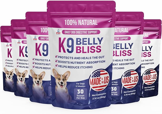 K9 Belly Bliss All-Natural Gut Health for Dogs Vet Approved Prebiotic for Dogs for Daily Digestive Support &amp Dog Constipation Relief Topper for Dry &amp Wet Food 6 Pack with 30 Scoops Each.