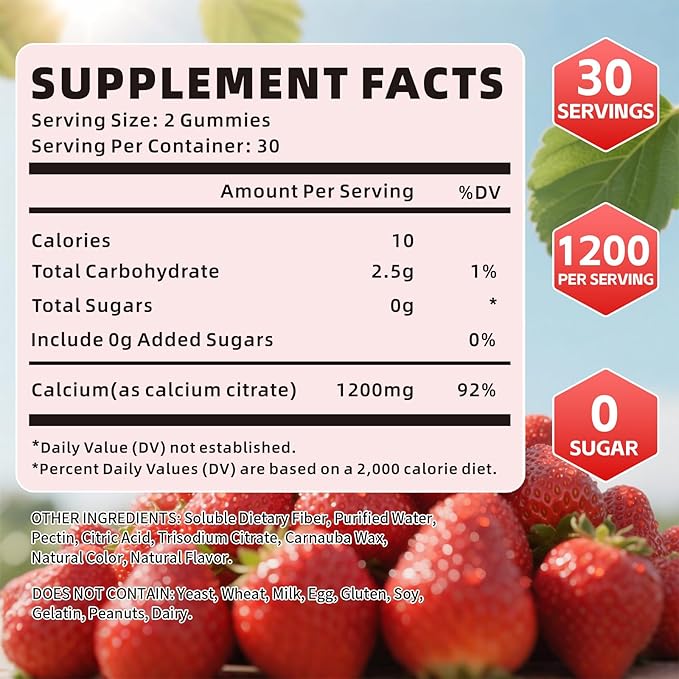 Calcium Citrate Gummies 1200mg Chewable Calcium Supplement for Women &amp Men Sugar Free Calcium for Bone Muscle &amp Immune Support Gluten Free Vegan Non-GMO Strawberry Flavor 120 Count