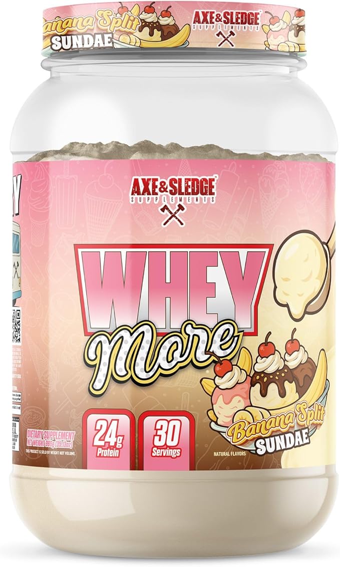 Axe &amp Sledge WHEY More Premium Protein Blend | 24g Protein Whey Concentrate &amp Isolate | Prebiotic Fiber for Enhanced Absorption | Banana Split Sundae
