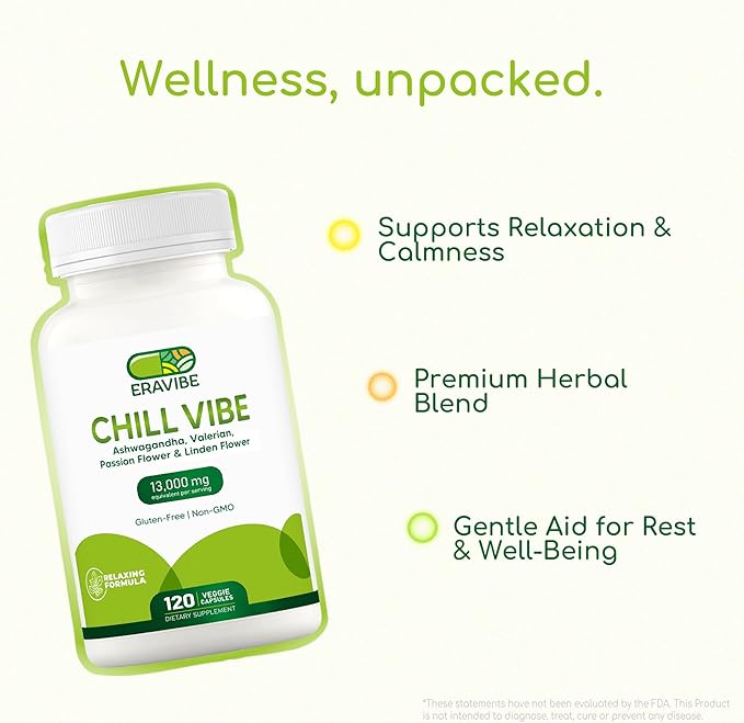 Chill Vibe Herbal Blend with Ashwagandha Valerian Passionflower Linden Flower &amp Vitamin B6 Supports Calm &amp Relaxation 120 Veggie Capsules Non-GMO Gluten-Free