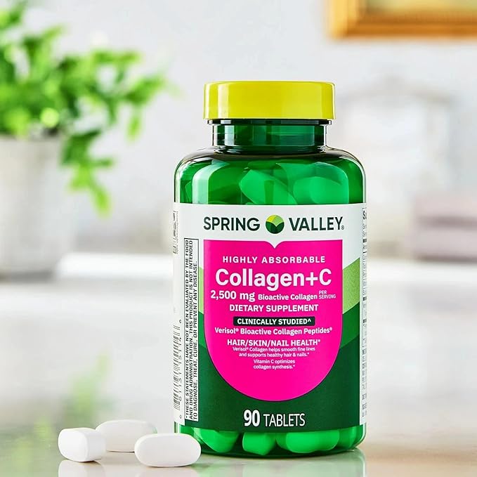 Spring Valley Collagen + Vitamin C 2500 mg Tablets Skin &amp Joint Support Supplement 90 Count