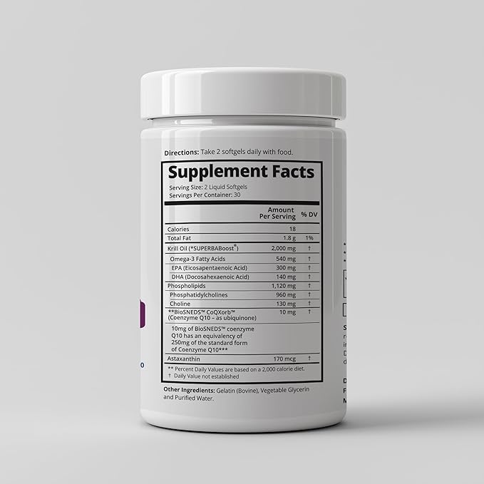 Antarctic Krill Oil 2000 mg Plus 250mg CoQ10 Omega 3 DHA Highest Concentration 56% Phospholipids SupoerbaBoost Astaxanthin Omega 3 Fatty Acid Supplements Supports Heart No Fish Oil 30-Days