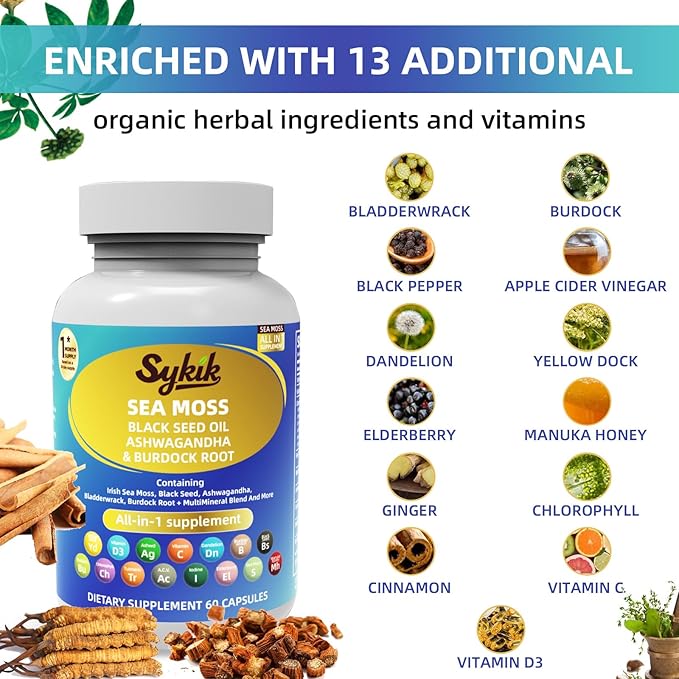 Sykik Sea Moss Black Seed Oil with Ashwagandha Turmeric Bladderwrack Burdock Vitamins C &amp D3 Elderberry Manuka Dandelion Yellow Dock Iodine Chlorophyll ACV 60 Capsules
