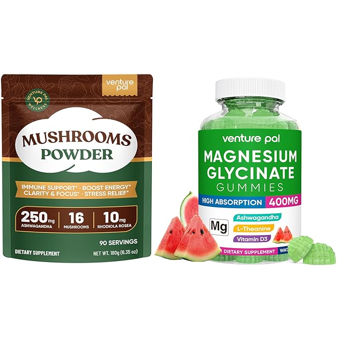 Venture Pal Mushroom Powder &amp Magnesium Glycinate Gummies Bundle -16 Mushroom Adaptogen Blend with Ashwagandha &amp Lion's Mane (90 Servings) + 60 Day Supply Magnesium Glycinate Gummies with Ashw