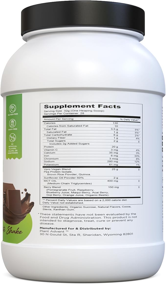 Premium Plant-Based Protein Powder - 100% Vegan No Artificial Flavors Gluten-Free and Dairy-Free (2 lbs Chocolate Shake)