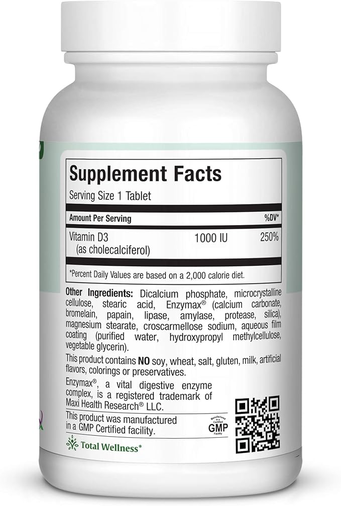 Maxi-Health Vitamin D3 1000 IU - for Healthy Muscle Function Bone Health and Immune Support – 360 Tablets – Best Kosher Supplement for Adults