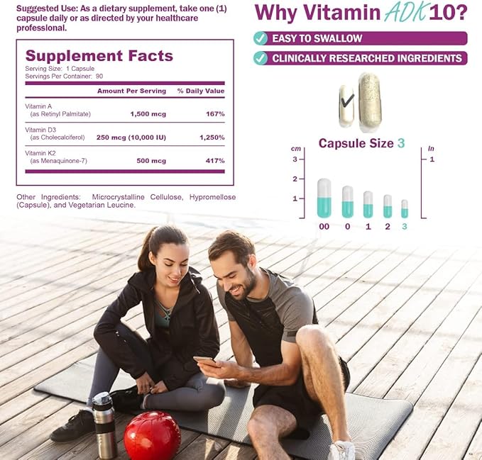ADK10 – ADK Vitamin Supplement | High Potency Vitamins A D3 (10000 IU) &amp K2 MK-7 for Bone Heart &amp Immune Health | 90 Tiny Capsules | 3 Month Supply | Non-GMO Gluten Free