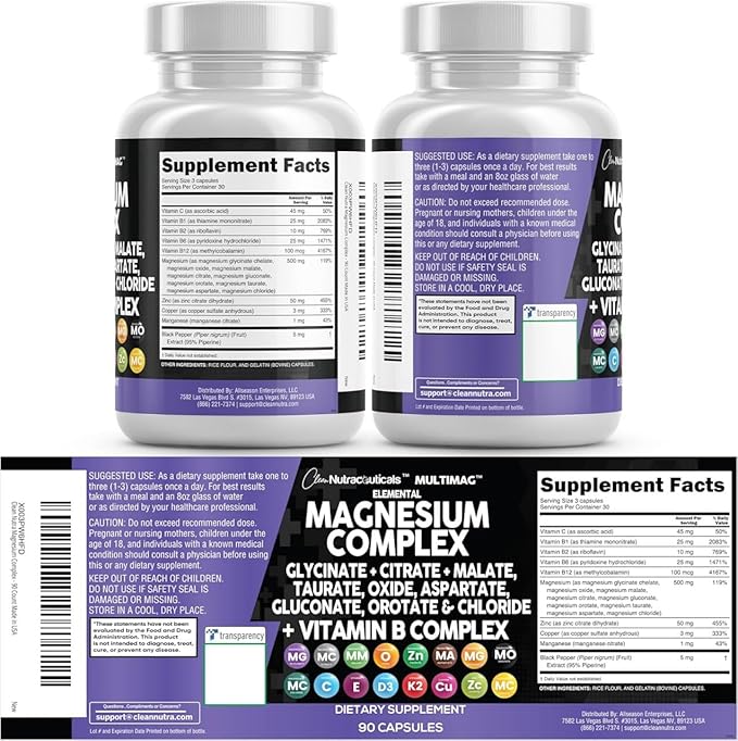 Clean Nutraceuticals Magnesium Complex with Magnesium Glycinate Citrate Malate Oxide Taurate Aspartate Orotate &amp Mag Chloride Zinc Copper Manganese &amp Vitamin C B1 B2 B6 B12 Complex - 1Pack