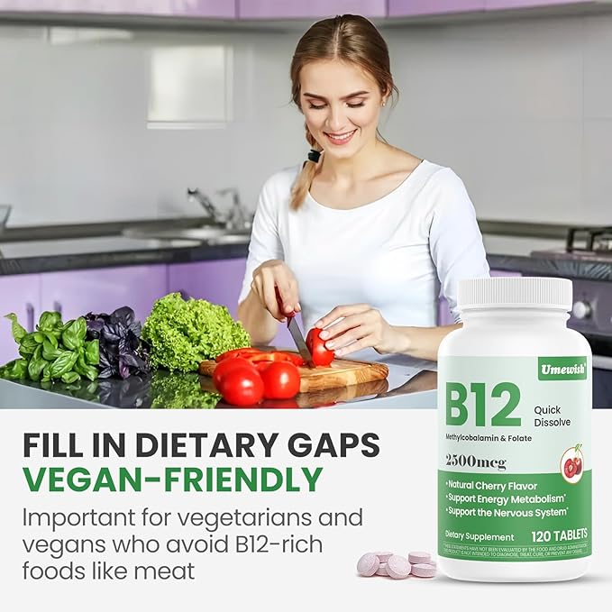 Vitamin B12 Methylcobalamin Sublingual 2500 mcg - with Folic Acid Under Tongue Cherry Flavor for Cellular Energy Support Energy Metabolism Nervous System Health(4-Month Supply)
