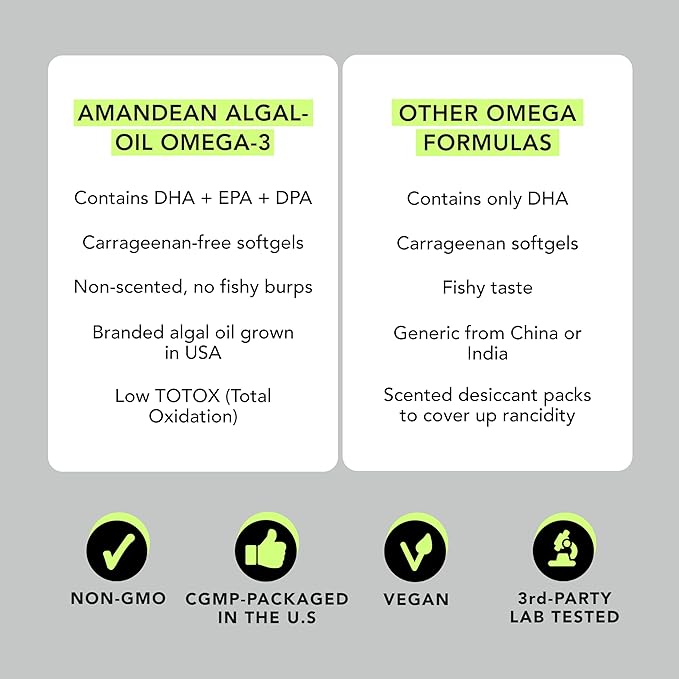 AMANDEAN Vegan Omega 3 Supplement. Premium Fish Oil Alternative. Algae DHA &amp EPA. Carrageenan Free Softgels. Algal Essential Fatty Acids. Plant Based Heart Brain Eye Skin Immune Support. (60ct