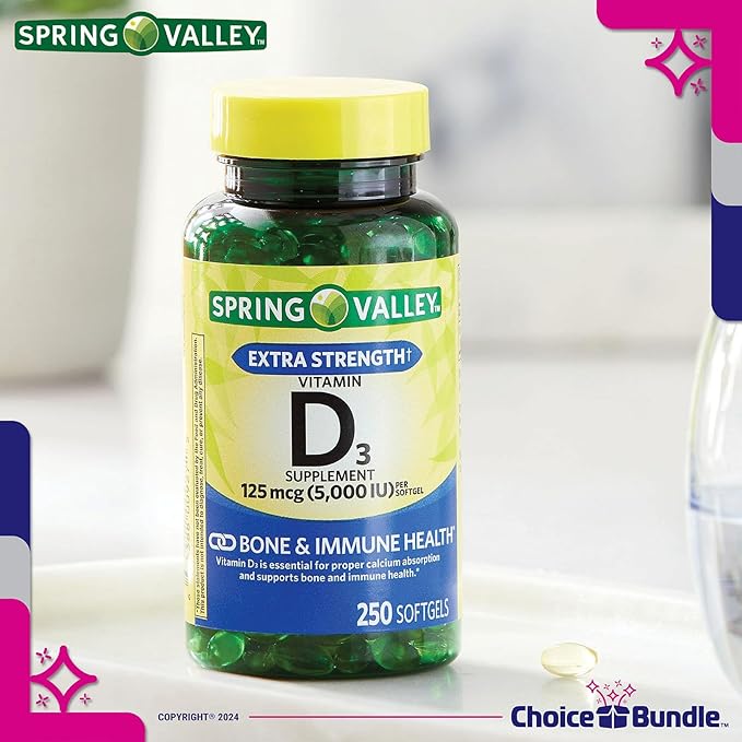 Spring Valley Vitamin D3 Softgels 125 mcg 5000 IU 250 Ct 4 pk (1000 Total) + Vitamin Vitality &amp Pill Container (6 Items)!