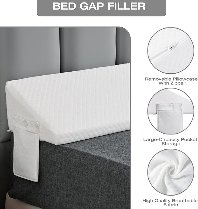 Twin Bed Wedge Pillow Headboard &amp Mattress Gap Filler Long Triangle Edge Corner Pillows 10x6x76in Dense Foam White with Pockets – Prevents Pillow/Toy Drops Bed Accessories Home Collection