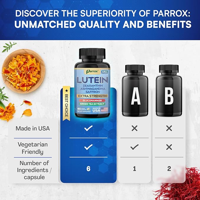 Lutein Supplement with Zeaxanthin Ashwagandha Saffron Green Tea Extract Glucomannan Eye Vitamins for Adults Vision Health Supplement Plant-Based Formula for Daily Support (60 Caps)