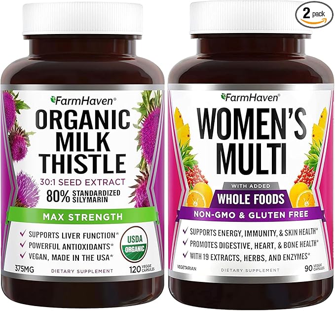 FarmHaven Milk Thistle Capsules and Multivitamin for Women | 22 Essential Nutrients Fruits &amp Veggies Womens Multivitamin | Boosts Energy Immune Heart Health Bundle