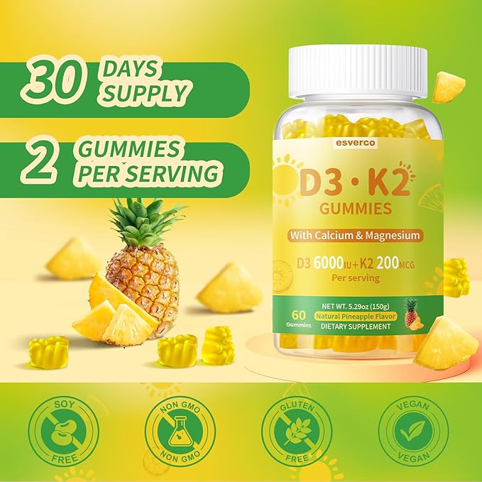 Vitamin D3 K2 Gummies High Absorption 6000 IU D3 + 200mcg K2 (MK-7) with Calcium &amp Magnesium Glycinate Extra Strength for Bone Teeth &amp Immune Support Pineapple Flavor 2-Pack 120 Count