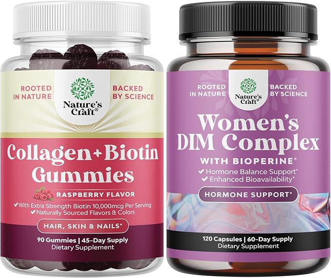 Bundle of Hair Skin and Nails Gummies - Extra Strength Biotin and Collagen 10000mcg per serving and Potent DIM Supplement - Hormone Balance with DIM &amp Black Pepper Menopause and PMS Relief for Wom