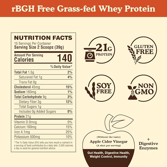BBfL Grass-Fed Whey Protein Shake – 21g rBGH-Free Protein Cocoa + Apple Cider Vinegar Prebiotics Digestive Enzymes Supports Gut Health – All-in-One Shake for Women &amp Men (15 Servings Cocoa Cr