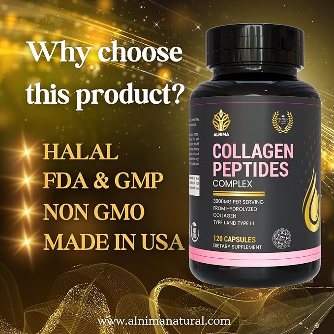 Halal Collagen Peptides Complex 750 mg – Type I &amp III Hydrolyzed Collagen for Skin Hair &amp Nails Support | 120 Capsules – Halal Certified Non-GMO Made in USA