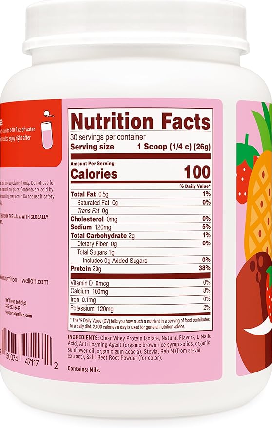 Wellah Clear Whey Protein Isolate Powder (Strawberry Piña Colada) 30 Servings - 20g of Protein 100 Calories Sweetened with Stevia