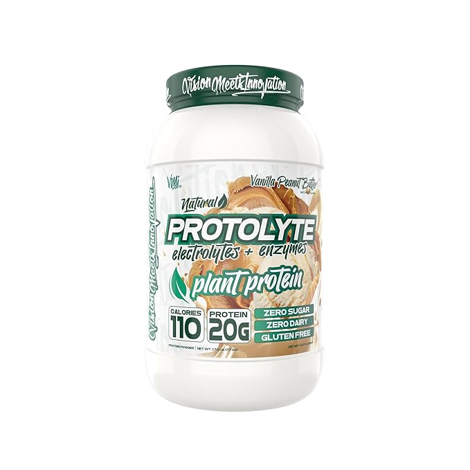 Protolyte Natural Plant Protein by VMI Sports with Electrolytes and Enzymes | Zero Sugar – Zero Dairy – Gluten Free | 20 G Protein + 10.5 G of EAAs (25 serving Vanilla Peanut Butter)