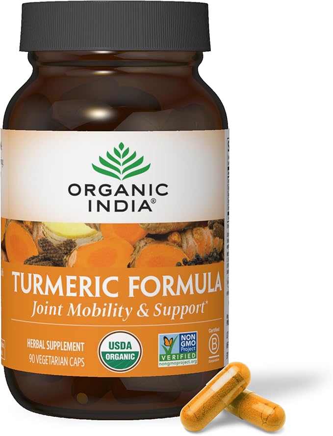ORGANIC INDIA Turmeric Curcumin Herbal Supplement - Joint Mobility &amp Immune System Support Healthy Inflammatory Response Whole Root Supplement Organic Trikatu USDA Certified Organic - 90 Capsu