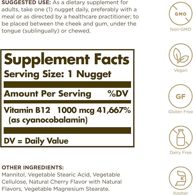 Solgar Sublingual Vitamin B12 1000 mcg - 250 Nuggets Pack of 2 - Non-GMO Vegan Gluten Free Dairy Free Kosher - 500 Total Servings