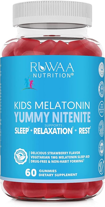 RUWAA NUTRITION Melatonin Kid Gummies. Chewable Safe Drug-Free &amp Effective Children's Sleep Aid &amp Teens. 1mg Melatonin Gummy Gluten-Free Vegetarian Restful Sleep Supplement for Ages 4+. 60c