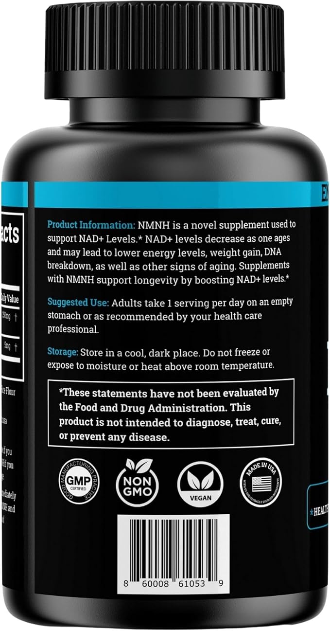NMNH Supplement 250MG Pure Dihydro-Nicotinamide Mononucleotide (NMN Supplement Alternative with Bioperine® For 3X The Bioavailability) NAD Supplement to Boost NAD+ Levels For Anti-Aging &amp Energy