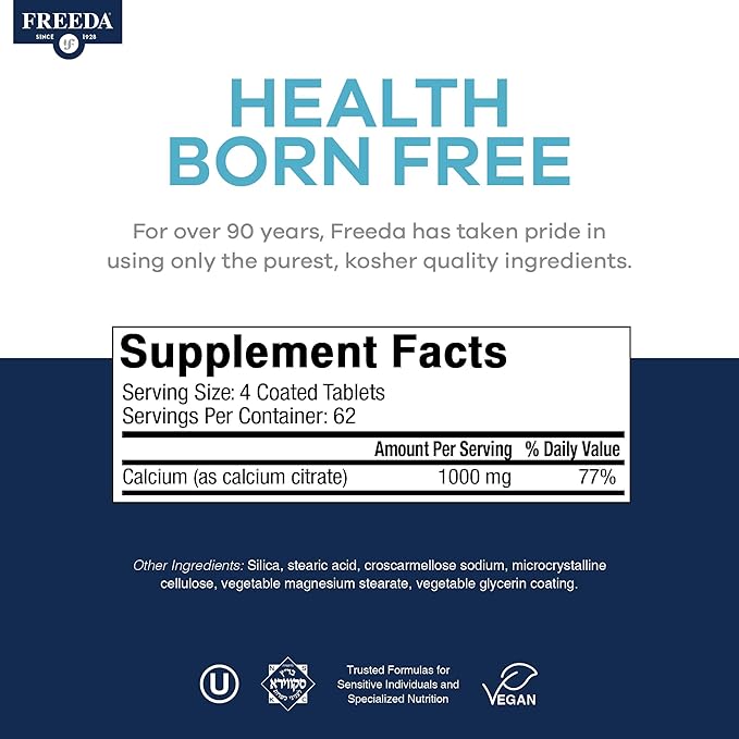 Freeda Pure Calcium Citrate 1000mg per Serving – Kosher Vegan Bone Strength Supplement – Supports Bone Density &amp Muscle Function – Calcium Supplements for Women and Men – No Vitamin D (250 Tablets