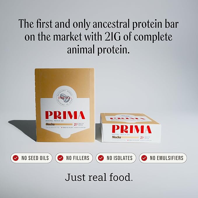 PRIMA ANCESTRAL PROTEIN BAR Grass Fed Protein Bars - 21G Protein – Animal-Based Protein Bar with Beef Tallow Raw Honey Seed Oil Free Low Carb Gluten-Free – Mocha - 7 Pack