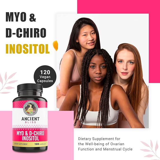 Ancient Bliss Myo &amp D-Chiro Inositol Supplement 40 to 1 Ratio Helps in Ovarian Function Support for Women Vitamin B8 Helps to Regulate Menstrual Cycle 2050mg per Serving 120 Vegan Capsules