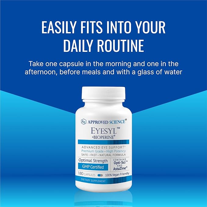 Approved Science EyeSyl - Eye Support Supplement - Chromium Picolinate Taurine Lutein Zeaxanthin Bilberry BioPerine - 3 Month Supply - 180 Capsules - Made in USA