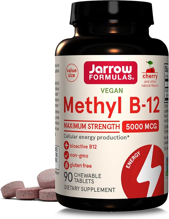 Jarrow Formulas Vitamin B12 5000 mcg - Maximum Strength for Cellular Energy and Brain Health 90 Cherry Chewable Tablets B12 Vitamins 5000 mcg