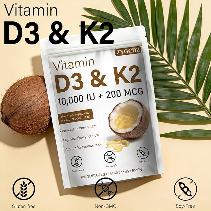 Vitamin D3 10000 IU with K2 MK-7 200 mcg Softgels 180 Count | Supports Bone Heart &amp Immune Health | Enhanced Absorption with Organic Coconut Oil Non-GMO Easy to Swallow Supplement (01)