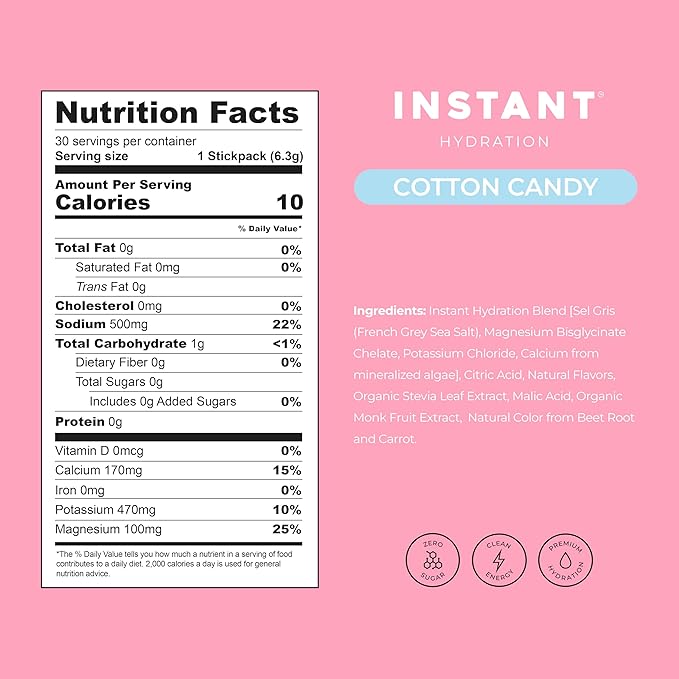 Instant Hydration Electrolytes Powder Packets - Cotton Candy Drink Mix - Zero Sugar - Keto Vegan Gluten-Free Non-GMO - Boost Recovery Brain Health Muscle &amp Tissue Support- 30 Sticks