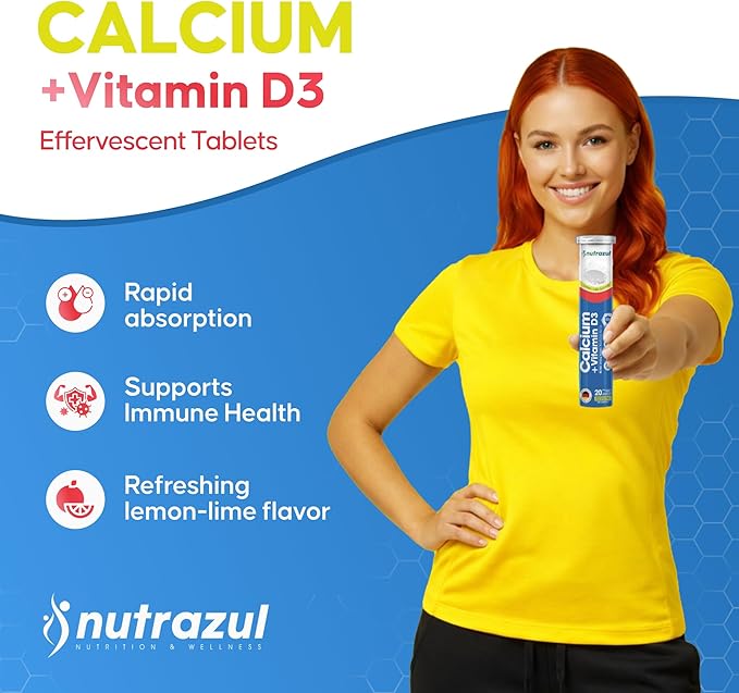 Nutrazul Calcium + Vitamin D3 Effervescent Tablets for Bone Health Maintenance 500 mg Calcium and 2.5 mcg Vitamin D3 Suitable Supplements for Women &amp Men Lemon-Lime Flavor 60 Tablets