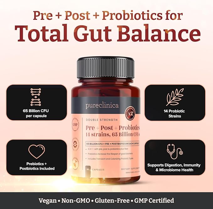 65 Billion CFU Probiotic Supplement x 90 Capsules – 14 Strains with Prebiotics &amp Postbiotics – 3 Month's Supply