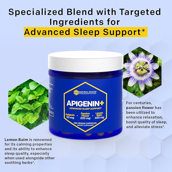 NATURAL STACKS Apigenin Supplement for Sleep - 50mg Apigenin &amp 600mg Lemon Balm - Melatonin Free Sleep Aid - with Passion Flower Extract for Stress Support* - 120 Lemon Balm Capsules