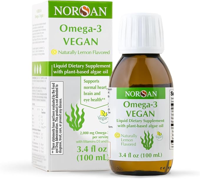 NORSAN Omega-3 Vegan - Liquid Algae Oil - High-Dose 2000mg Omega-3 per Serving | Supports Heart Brain &amp Eye Health* | Non-GMO Sustainable &amp Vegan-Friendly | 3.4 fl oz Bottle (100ml)