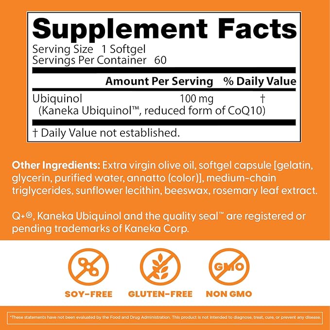 Doctor's Best Kaneka Ubiquinol 100 mg Supplement for Men &amp Women - Reduced Form CoQ10 Coenzyme Q10 100mg for Antioxidant &amp Heart Health Support Non GMO Gluten Free Soy Free - 60 Softgels