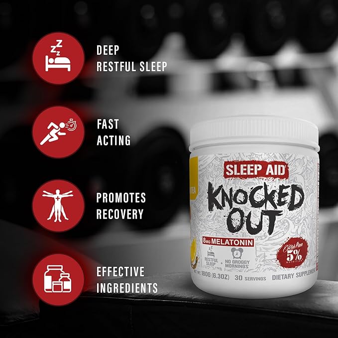 5% Nutrition Rich Piana Knocked Out Natural Sleep Aid | Post-Workout Recovery &amp Deep Sleep Supplement | GABA Melatonin Chamomile Tyrosine 5-HTP &amp More | 8.4 oz 30 Servings (Hot Chocolate