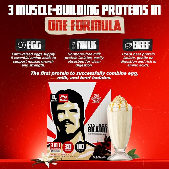 Old School Labs Protein Powder Isolate Sourced from Egg Milk&amp Beef - Made for Men &amp Women for Building Muscle &amp Post-Workout Recovery - Zero Sugar Vanilla Milkshake Flavor - 30 Servings