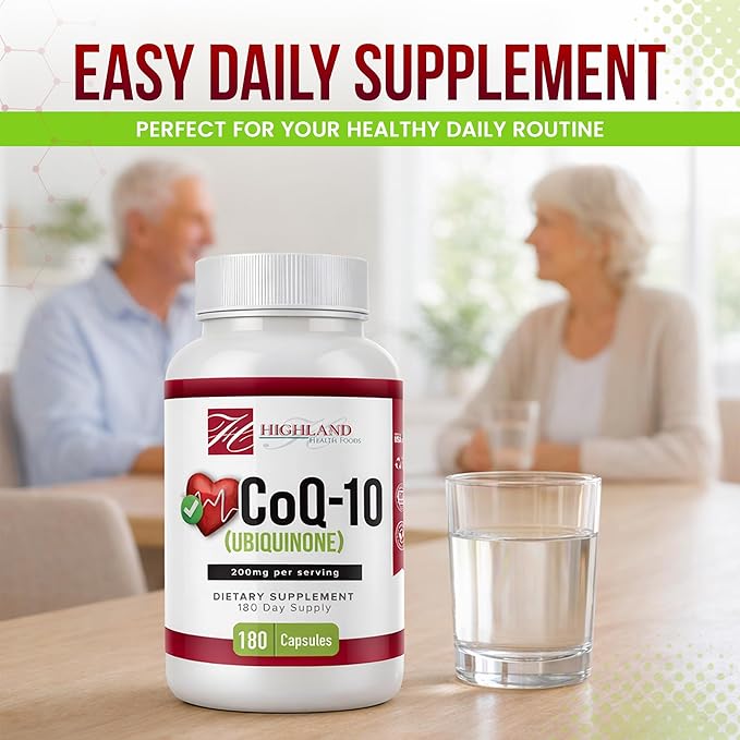 CoQ10 200mg 180 Vegetarian Capsules for Heart Health Non-GMO Easy to Swallow Supports Cellular Energy Production and Cardiovascular Health