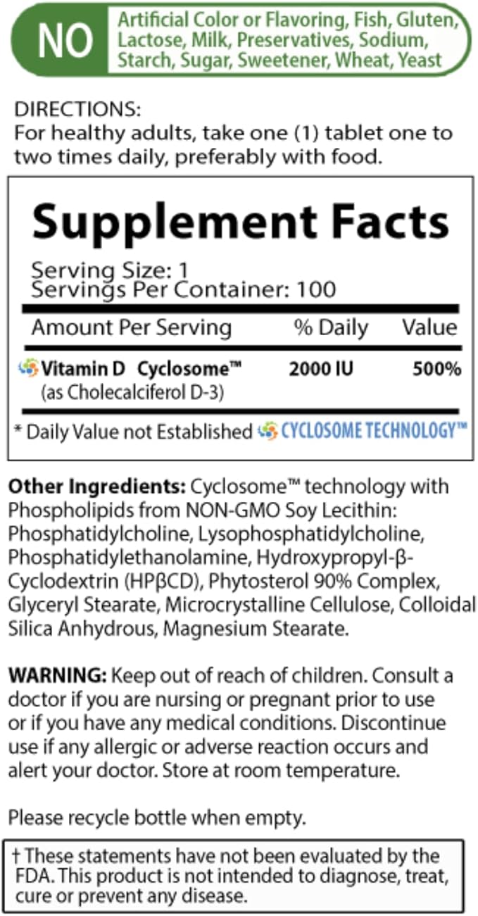 NATURE'S ESSENTIALS Vitamin D3 2000IU | Immune Support | Advanced Cyclosome Liposomal Delivery | Non-GMO Gluten Free Vegetarian | 100 Tablets