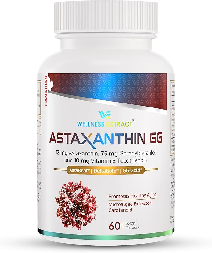 WELLNESS EXTRACT Astaxanthin 12mg Supplement – AstaREAL™ Astaxanthin with GG-Gold® Geranylgeraniol &amp DeltaGold® Tocotrienols Powerful Antioxidants for Eye Skin &amp Heart Health Support – 60 So